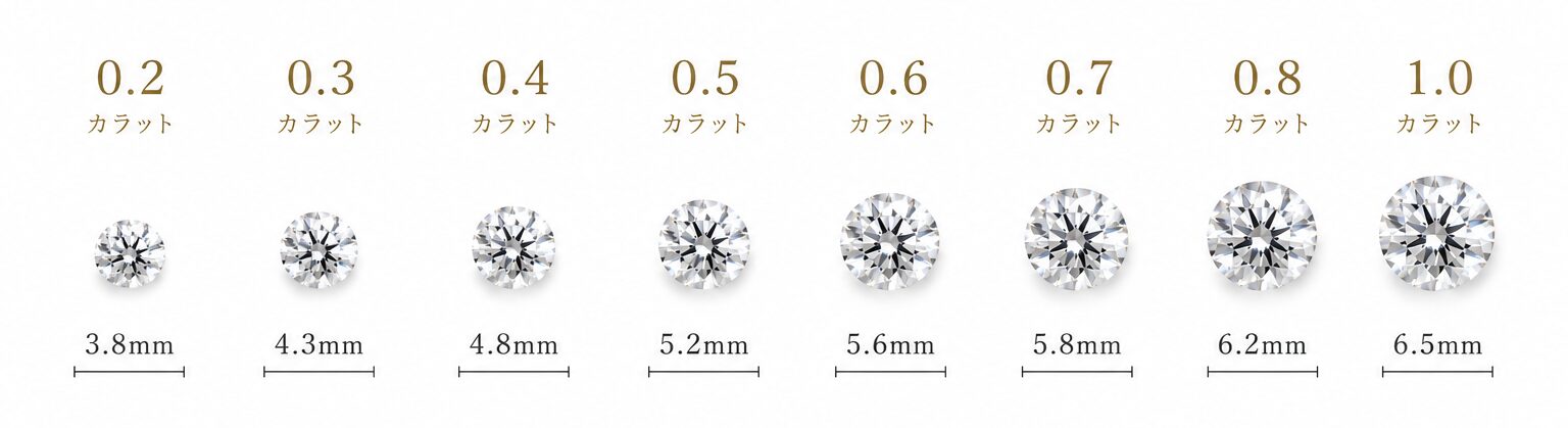 カラットサイズ比較（0.3ct / 0.5ct / 0.7ct / 1.0ct）